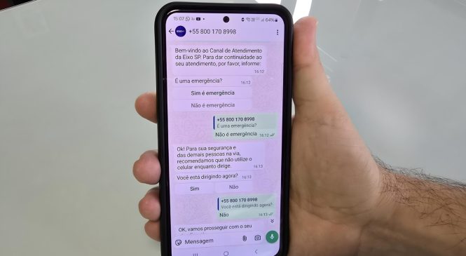 Motorista agora pode solicitar atendimento da Eixo SP pelo Whatsapp